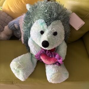 Walmart plush green hedgehog red bow shaggy stringy back fur tie dye blue green